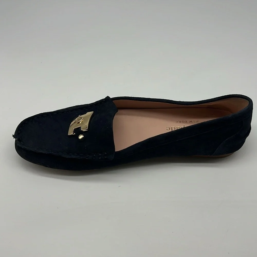 Kate Spade - Carmen Navy Suede Gold Logo Round Toe Driving Loafer Size 8